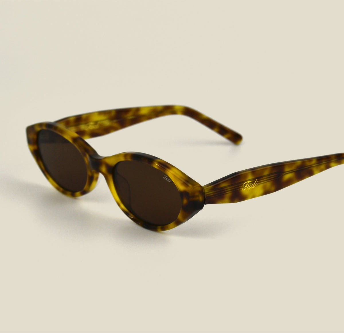 TUDI Mabel Havana eyewear, three-quarter side view