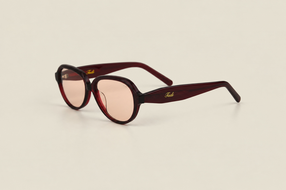 TUDI Clay Red Wine eyewear, three-quarter view