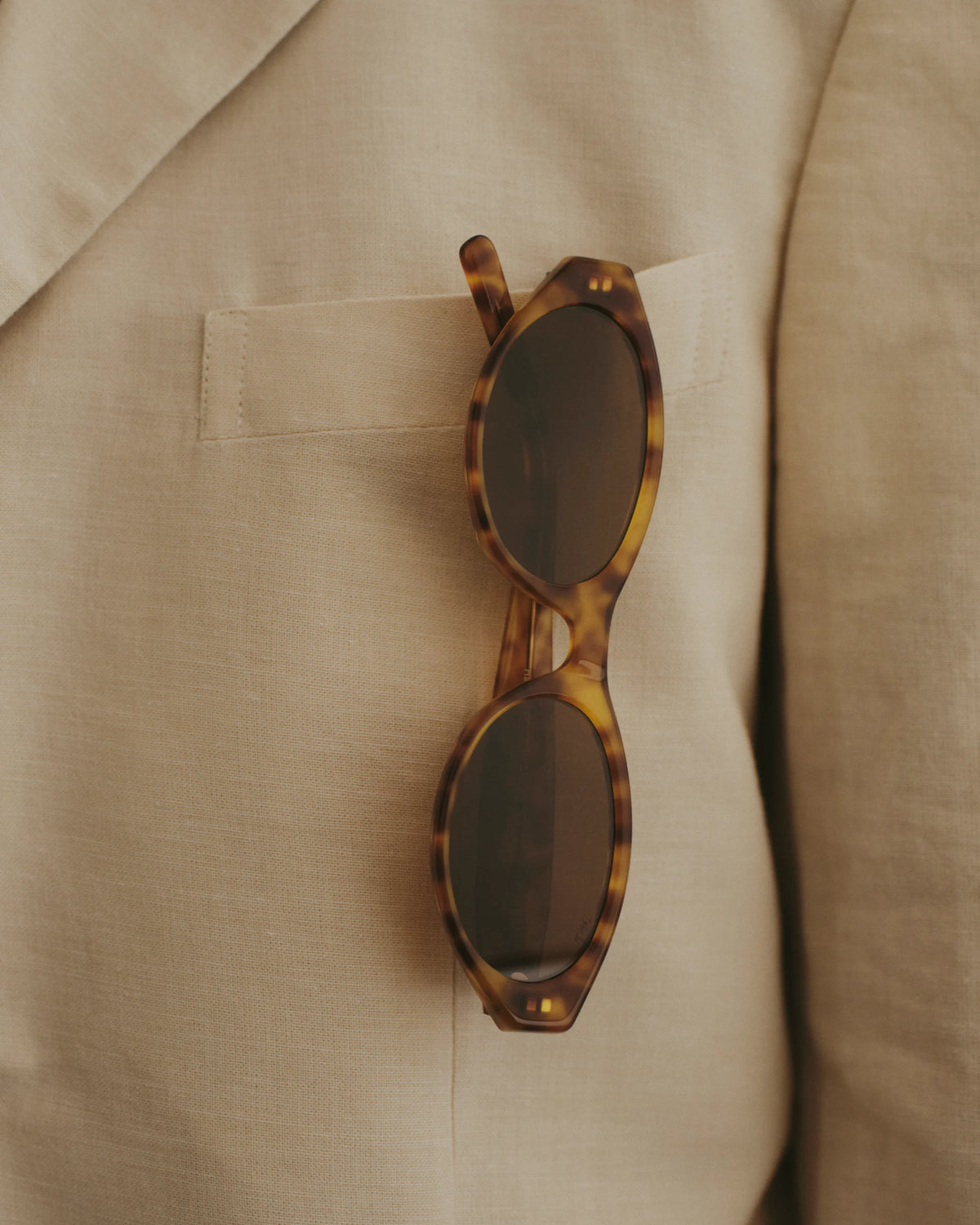 TUDI Mabel eyewear, styled still life, amber havana frame; dark lenses