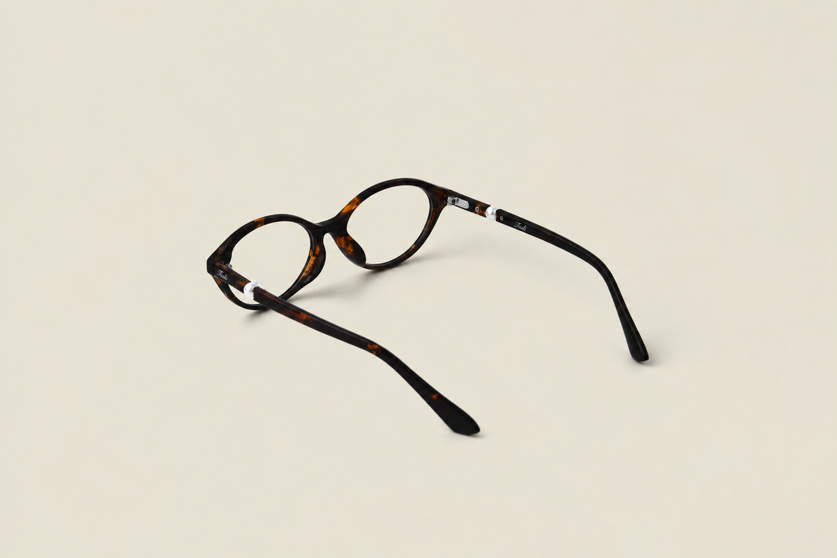 TUDI Mindy Havana eyewear, rear three-quarter, open view