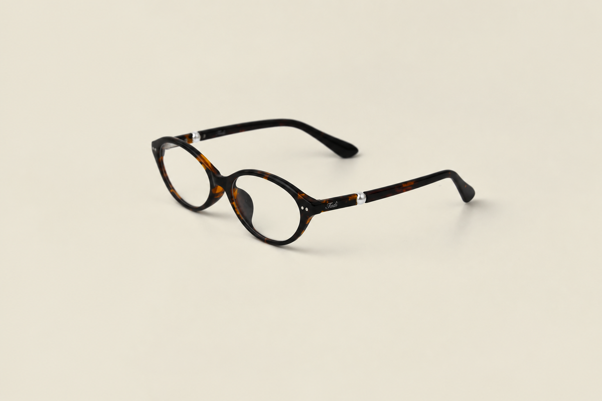 TUDI Mindy Havana eyewear, three-quarter view