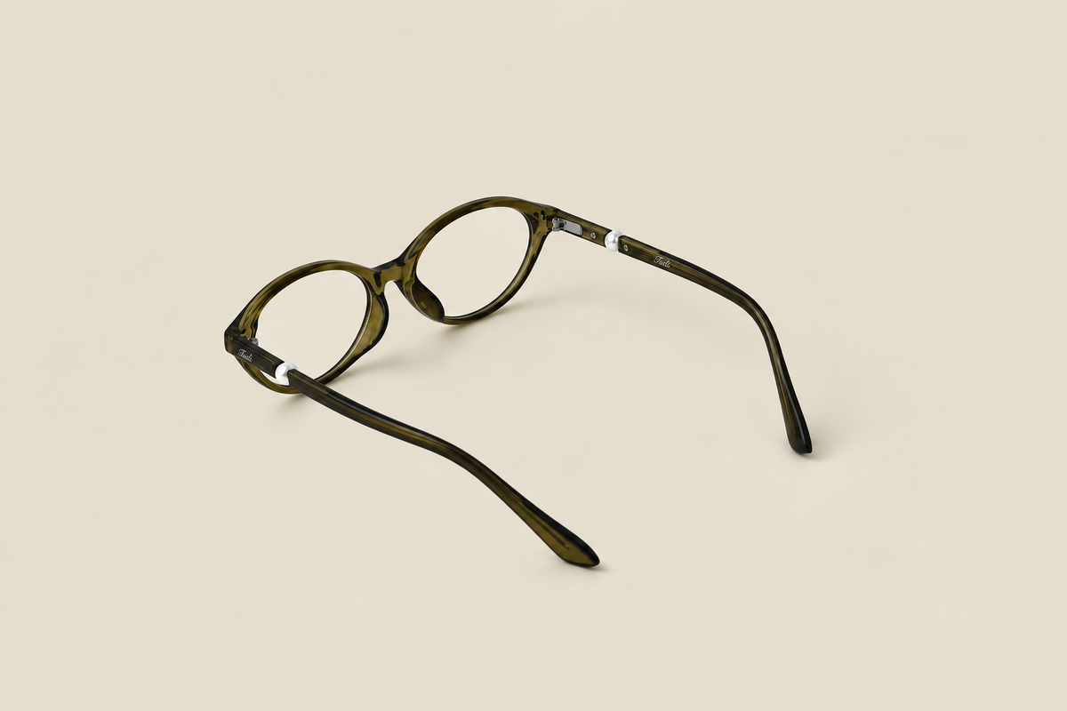 TUDI Mindy Green eyewear, rear three-quarter, open view