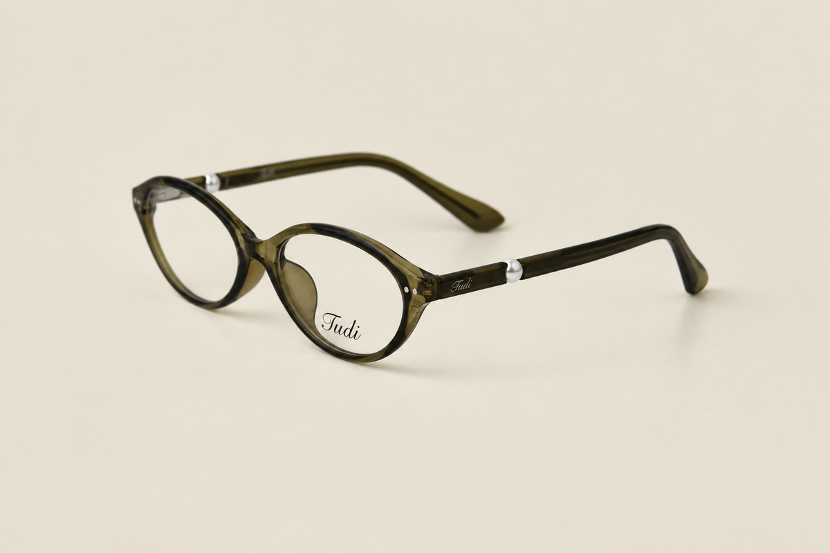 TUDI Mindy Green eyewear, three-quarter view